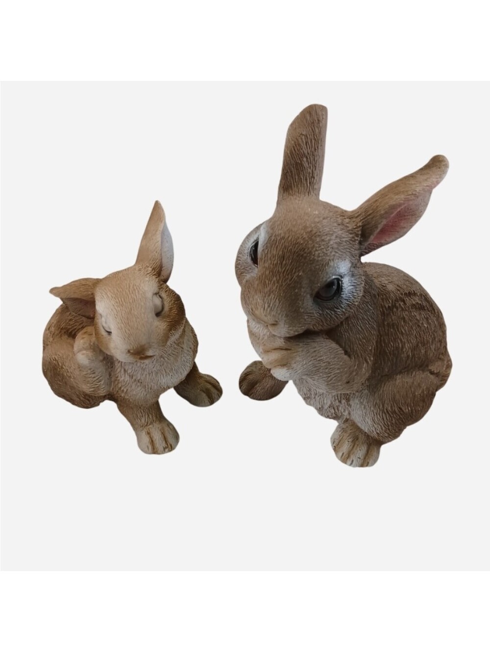 Rustic Resin Woodland Bunny Rabbit Figurines Detailed Faux Fur Cabin Decor Set 2